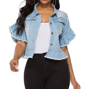 Women's Blue Denim Jacket Button Down Ruffle Sleeve Crop Jean Jackets Coat